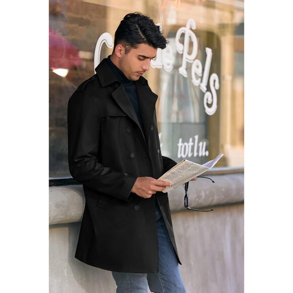 Mens Black Trench Coat Notched Lapel Double Breasted  Windbreaker Overcoat - Picture 4 of 5